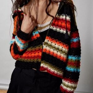 BDG Francis Crochet Hooded Cardigan / Size Small / Color: Orange Multi